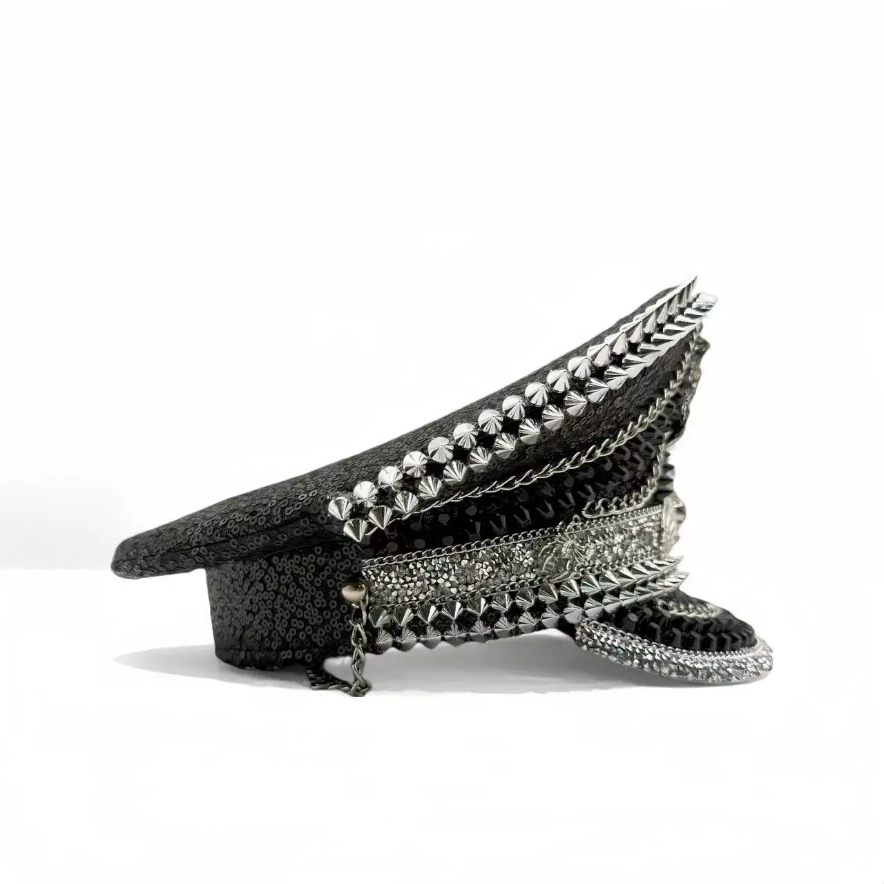 HongLuan gele laser lederen lus kapitein hoed strass & militaire petten voor dames, Rave Festivals accessoires & feestpet man