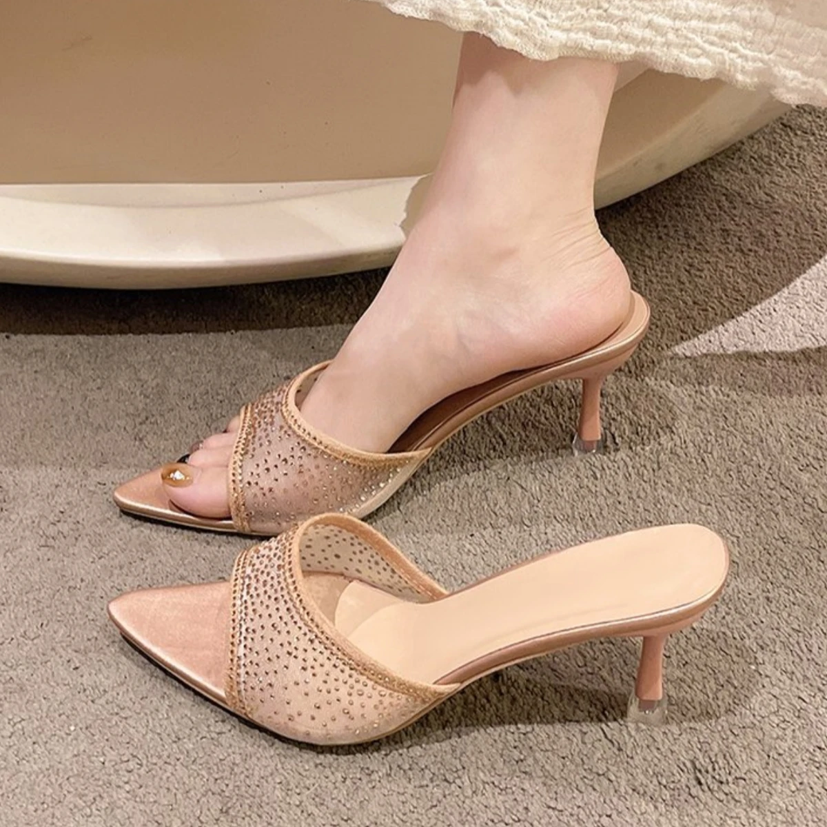 

*Fashionable New Style Sexy/Comfortable High-heeled Slippers Summer Pointed Lightweight Rhinestone Toe Exposed Women's Slippers