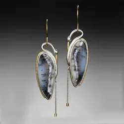 Elegant Earrings With Woman Pendant, delicate resin stone jewelry, metallic long chain, Two-tone