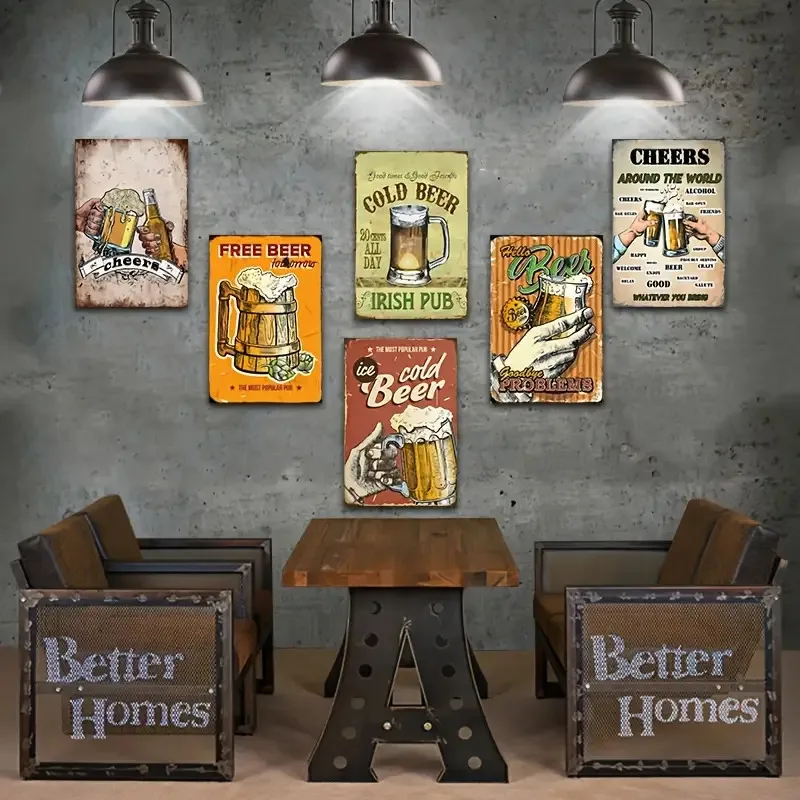 6pcs Retro Beer Tin Signs - Vintage Bar Wall Art with Free Beer Pint, Irish Pub Decor & Cheers Sayings - Metal Bar Signs for Man