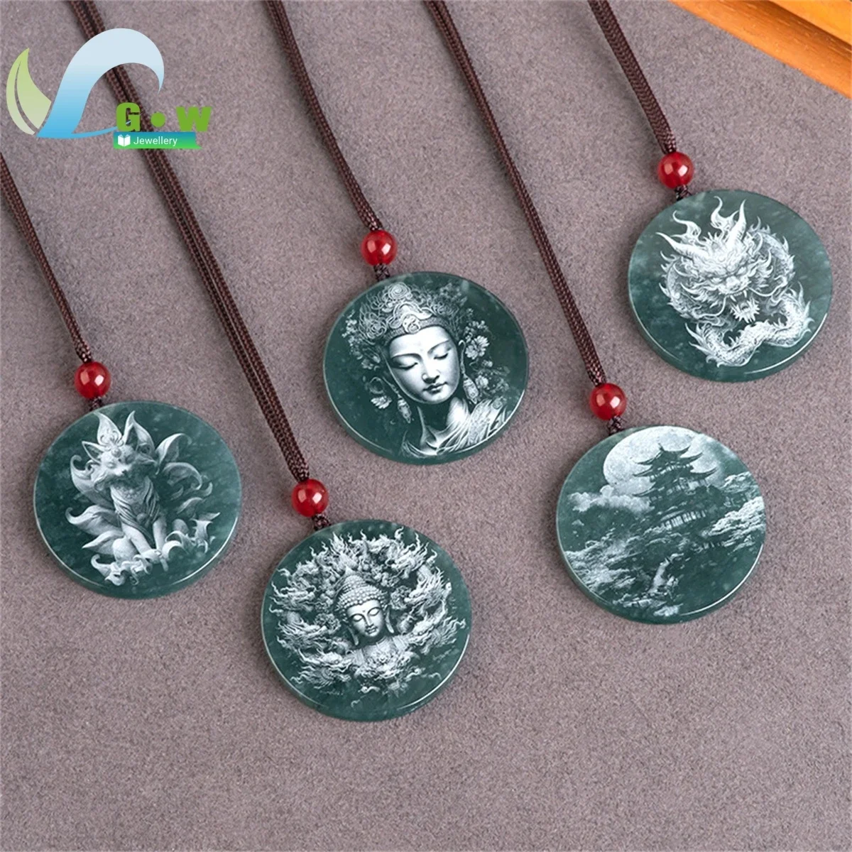 Natural AAA Jadeite Blue Water Shadow Carved Mythical Motif Pendant Protective Amulet Necklace Handmade Jewelry Gift for Men