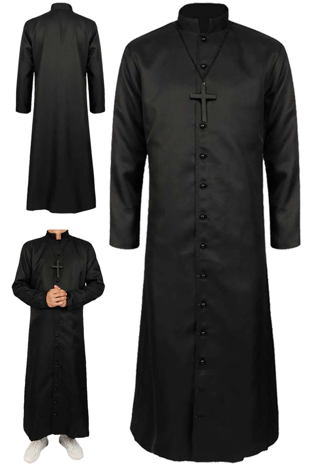 

Disguise Priest Cosplay Black Robe With Chain Medieval Stage Fantasia Costume Adult Men Roleplay Fancy Dress Up Party Cloth