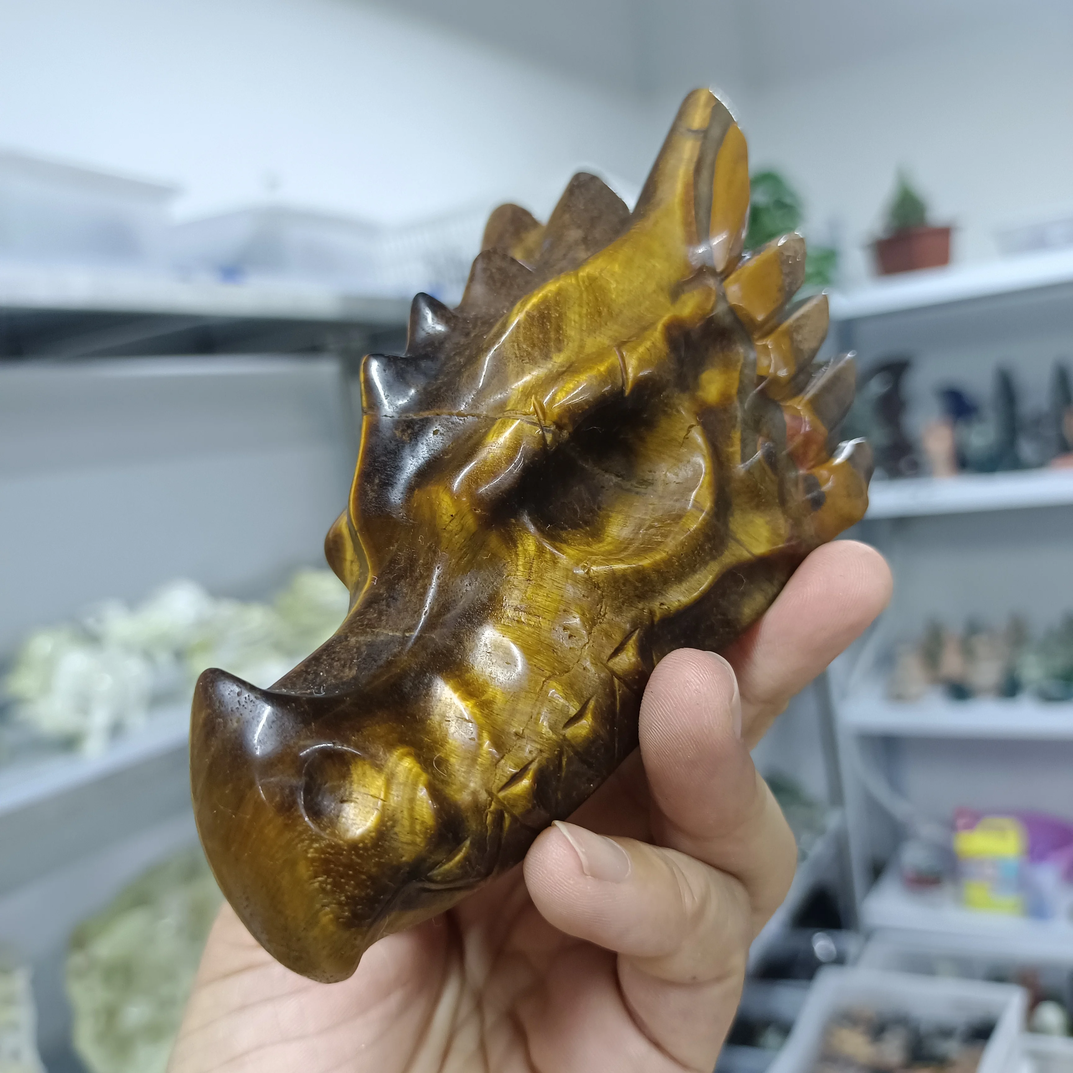 Magical Natural Tiger's Eye Stone Carving Dragon Head Crystal Quartz Mineral Specimen Healing Home Office Degaussing Decoration