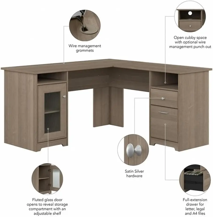 Shaped Computer Desk in Ash Gray | Corner Table with Drawers for Home Office