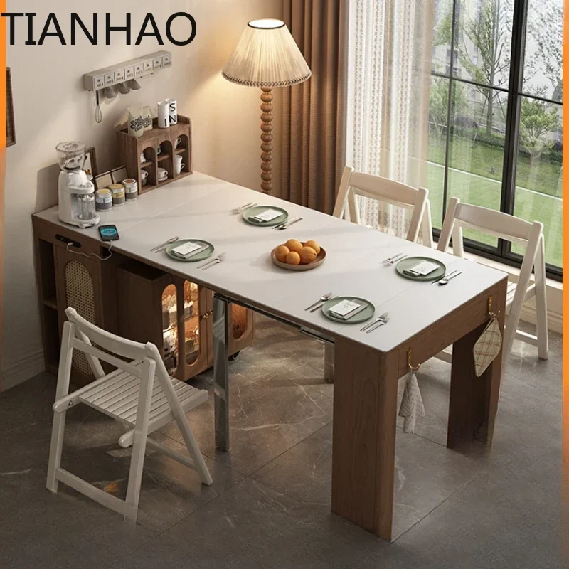 Telescopic rock slab island dining table and chair combination small apartment retro multi-functional storage side cabinet