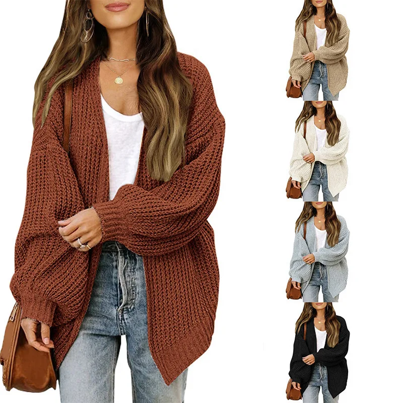 

Women's Winter 2024 New Lantern Sleeve Sweater Women's Coat Solid Color V-neck Thick Wool Knitted Cardigan