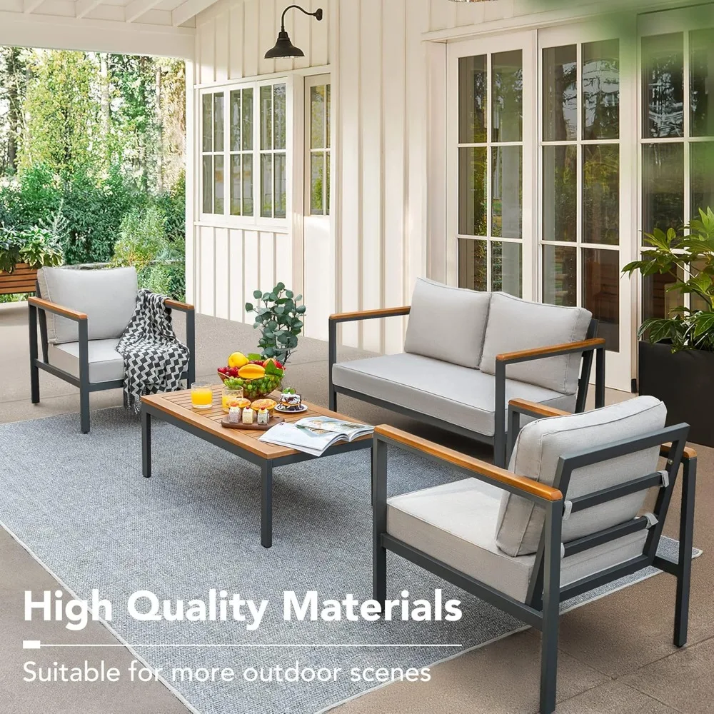 4 조각 파티오 가구 세트 야외 대화 세트 아카시아 나무 소파 세트 커피 테이블 두꺼운 스폰지 쿠션