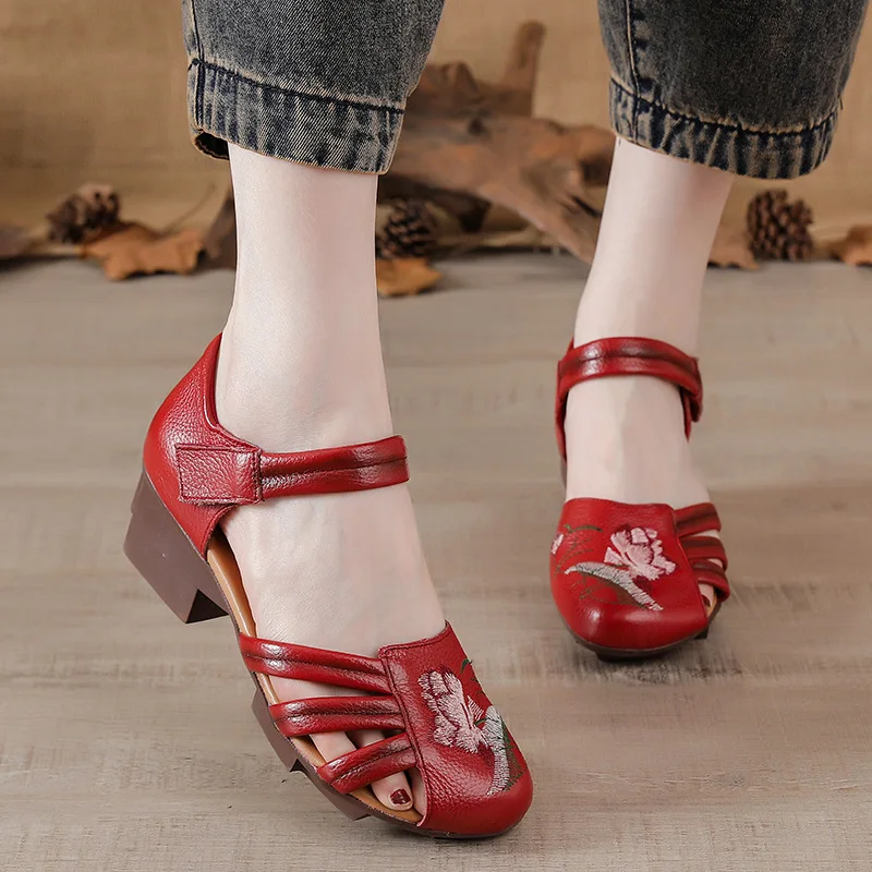 

Women's Red Genuine Leather Sandals Closed Toe Embroidered Hook Loop Strap Block Heel Comfortable Non-slip Mom Shoes for Summer