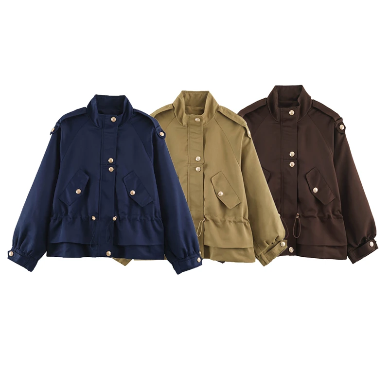 Women's Stand Collar Work Jacket, Drawstring Waist, Short Coat, Multiple Pockets, Casual Autumn Short Jacket