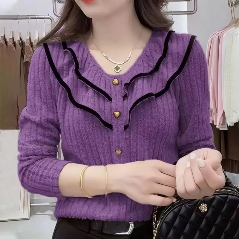 

2025 NEW Women's Shirt Top Grind Hair Pit Stripe Ruffle V-Neck Long Sleeved Shirt Autumn Winter Fashion Knitted Base Shirt