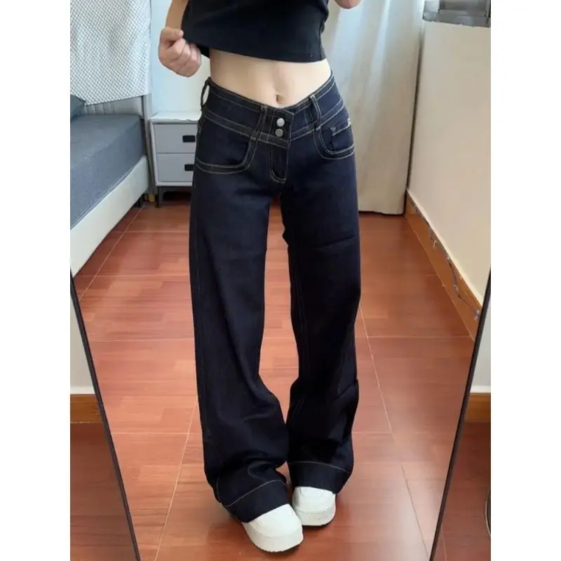 Womens Jeans New American Style Double Waist Button Bootcut Loose Fit Low Rise Straight Leg Pants Not Tight