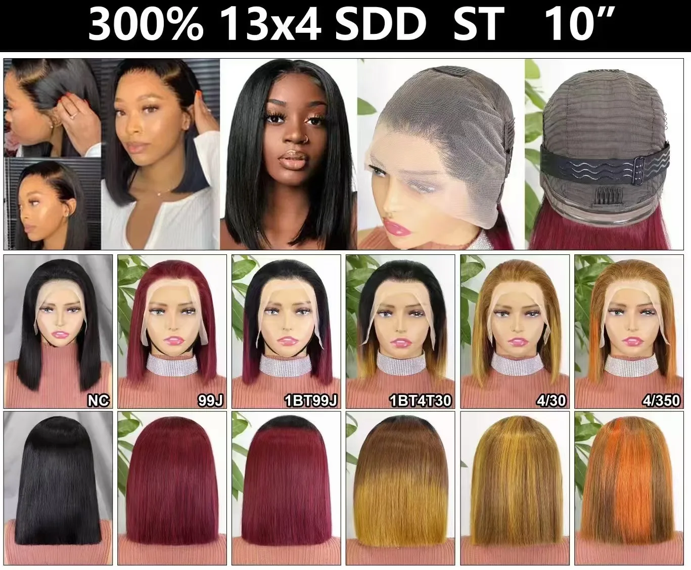 Parrucca per capelli umani Bob da 10 pollici con osso super doppio disegnato a densità del 300% 13x4 Frontale in pizzo trasparente Capelli umani Remy per le donne