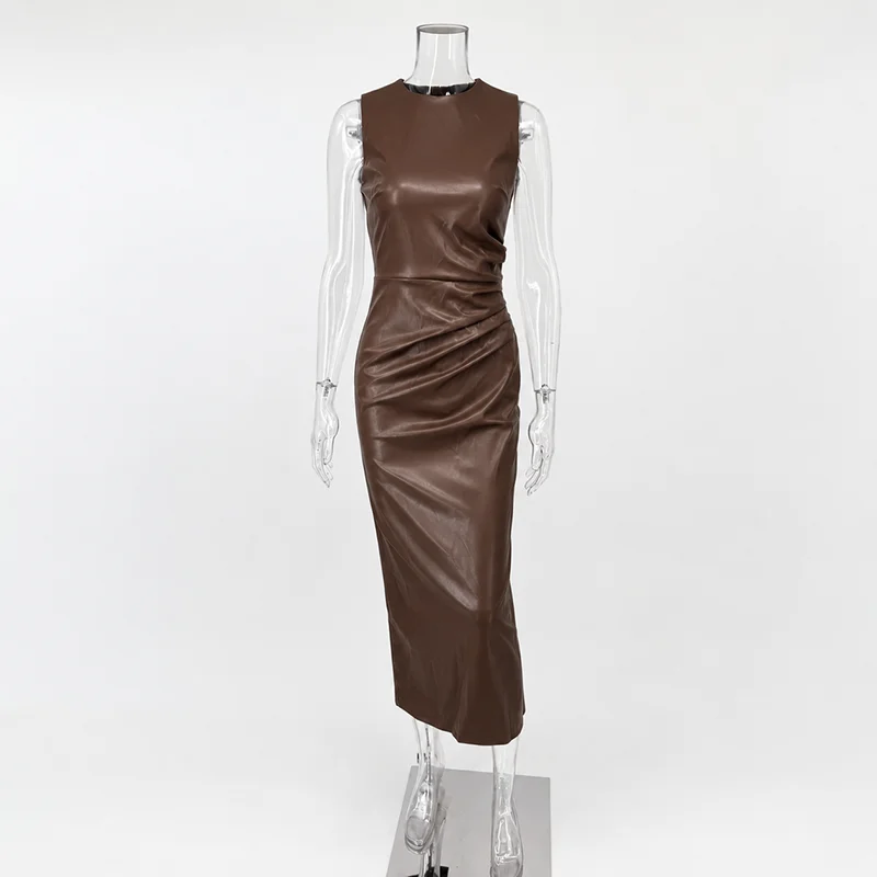 TARUXY Sleeveless Leather Maxi Dress For Women Tight Pleated Sexy Hip-Hugging Dress Vestido Solid High Waist Party Female Dress 10 Sc5ae005da0e54b32b7313544f3c0e749J