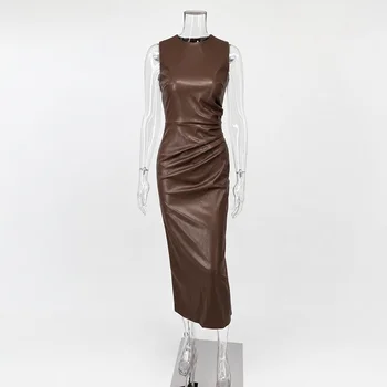 TARUXY Sleeveless Leather Maxi Dress For Women Tight Pleated Sexy Hip-Hugging Dress Vestido Solid High Waist Party Female Dress 5 TARUXY Sleeveless Leather Maxi Dress For Women Tight Pleated Sexy Hip-Hugging Dress Vestido Solid High Waist Party Female Dress 5