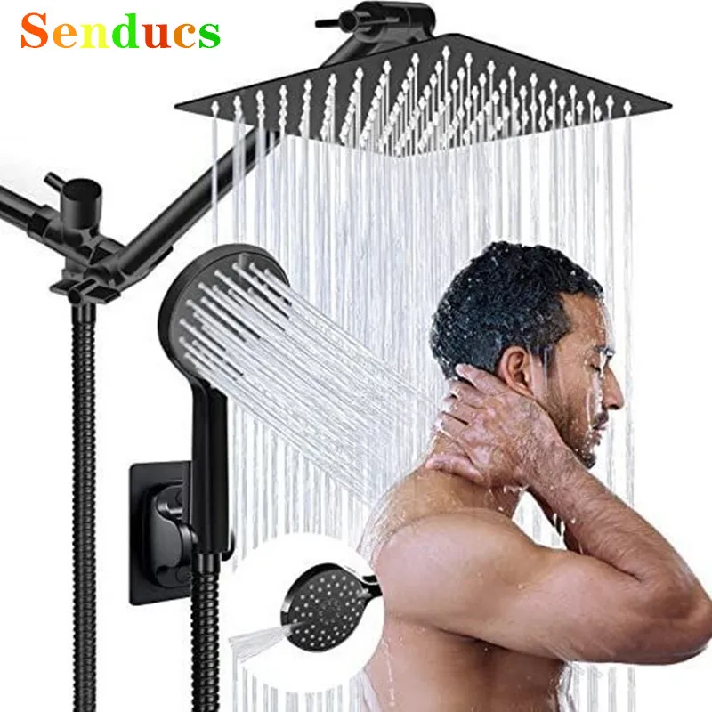 Black Simple Bathroom Shower Set Wall Mounted Bathroom Shower System with 8 Inch Rainfall Top Head 3 Function ABS Hand Shower