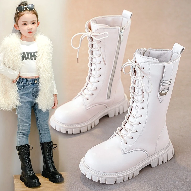 Autumn Girls Fashion Causal Boots Winter Classic Round Toe Warm Kids PU Leather Chunky Heel Boots Luxury Childrens Midsole Shoes