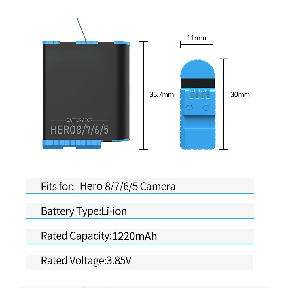 For GoPro Hero 5 6 7 8 Battery 3.85V 1220mAh Replacement Li-ion Battery for GoPro 5/6/7/8 Black Action Camera Accessories view 5