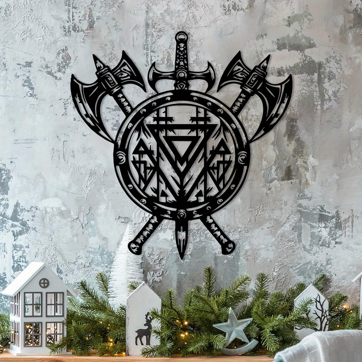 Viking-Inspired Metal Wall Decor: Vegvisir Ax & Shield for Rustic Home Art