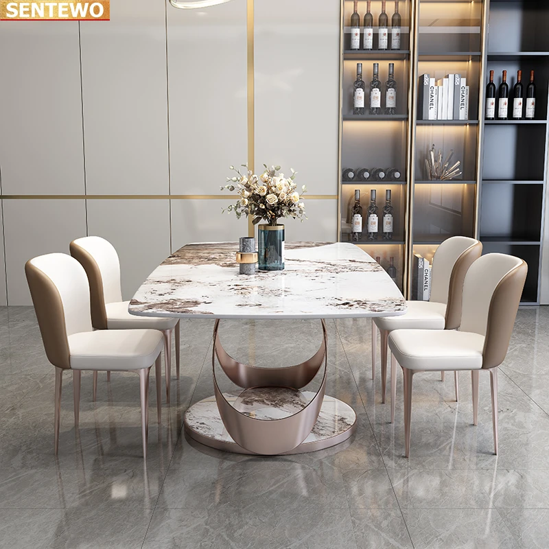 Designer Luxury dinning room Marble Rock Slab dining table set 4 chairs mesa esstisch furniture marbre Stainless steel gold base