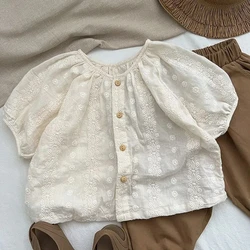 Children's Clothing Girls' Shirt 2026 Summer Western Style Little Girl Fashion Lace Edge Embroidery Casual Puff Sleeve Top