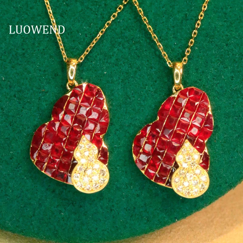 LUOWEND 100% 18K Yellow Gold Necklace Elegant Gourd Shape Shiny Diamond Natural Ruby Necklace for Women High Party Jewelry