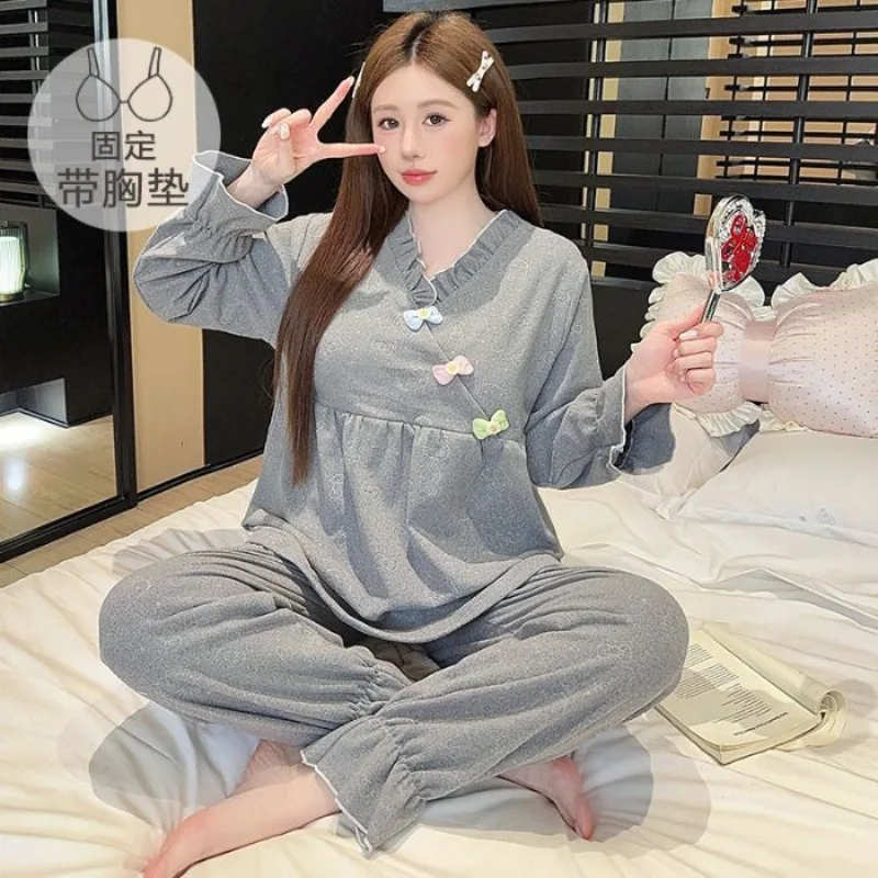 

M-5XL Plus Size Winter Pajamas Set Women German Velvet Long-sleeved Trousers Home Clothes Korean Sweet Loungewear with Chest Pad