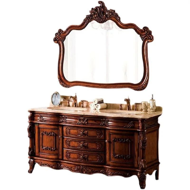 

Antique, European bathroom cabinet, solid wood, bathroom washbasin, double basin marble washbasin cabinet