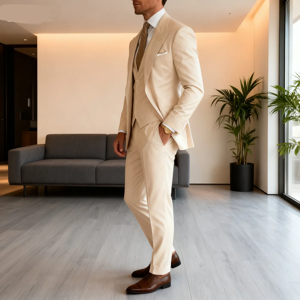 

Мужской смокинг из трех частей с пиковыми лацканами, деловой костюм, однотонная куртка, жилет, брюки-вечеринка, выпускной, повседневный повседневный деловой уход