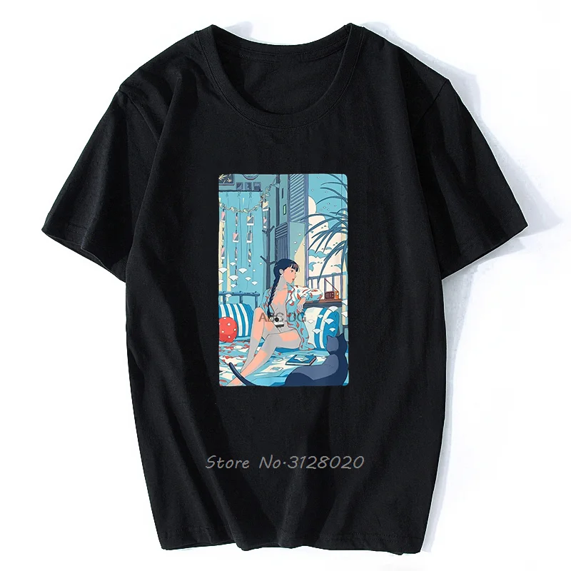 Retro 90s Anime Girl Lofi Aesthetic Pastel Waifu Vaporwave T-Shirt Men Cotton Tshirt Hip Hop Tees Streetwear Harajuku