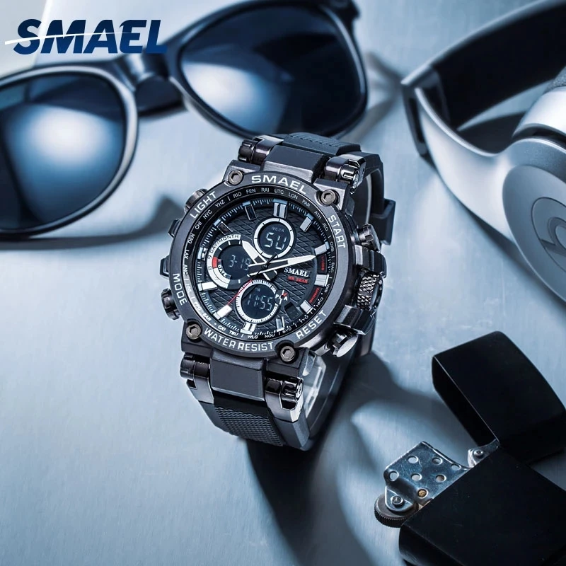 SMAEL Men Sport Watches Digital Double Time Chronograph Watch Mens LED Chrono Week Display Wristwatches Male montre homme Hour