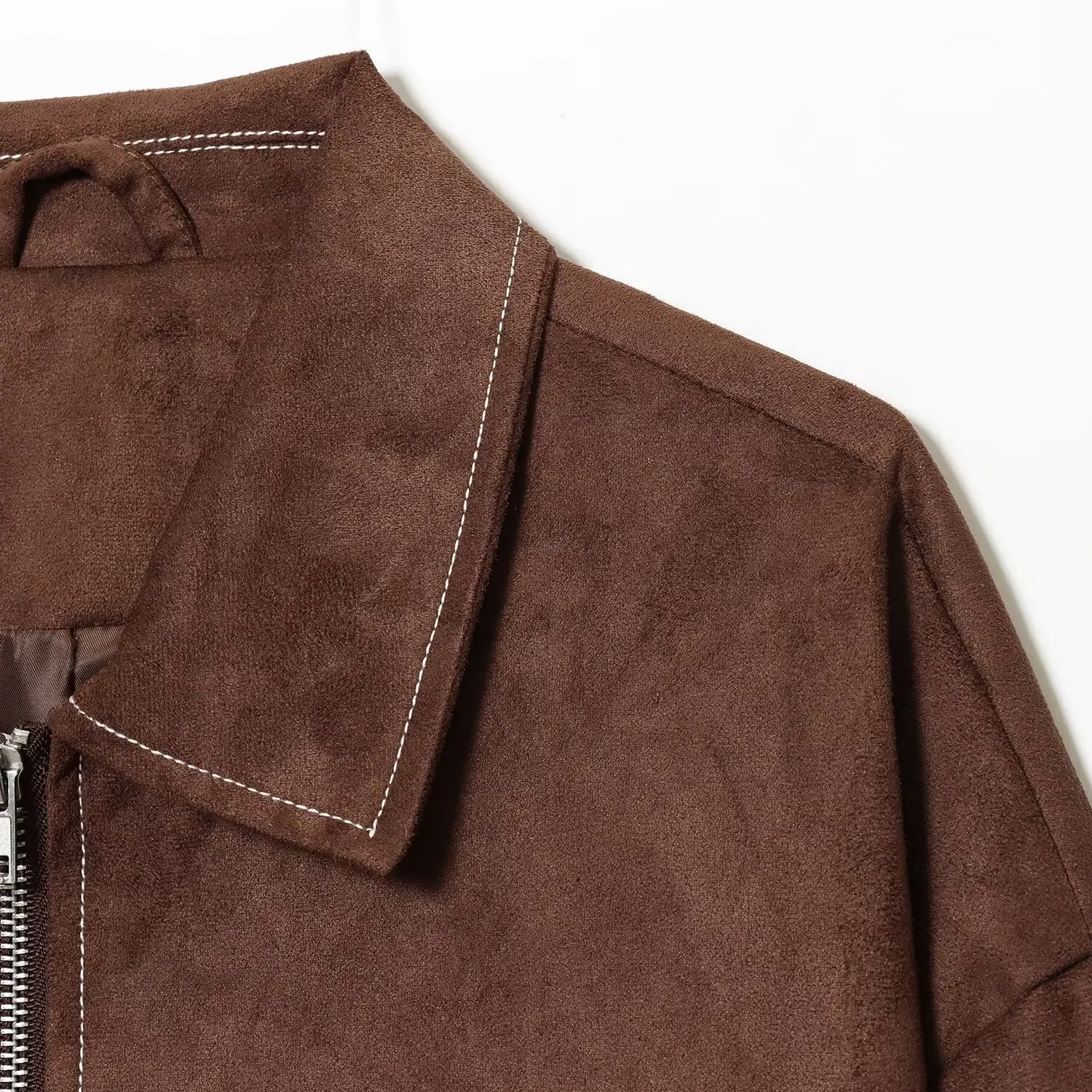 Elegancki, ciemnobrązowy płaszcz damski z zamszu jelenia, nowy model na jesień, uniwersalny krój, materiał poliestrowy, efekt wyszczuplający, długi rękaw.