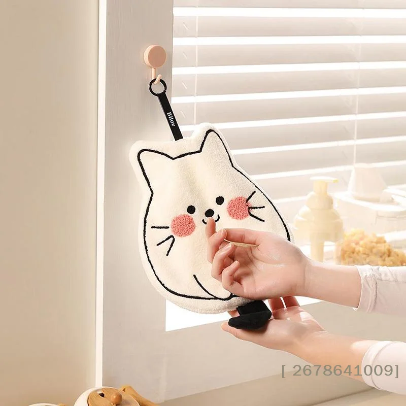 ⚑Cute Cat Coral Fleece Hanging Towel Kitchen Hand Towel Bathroom Soft Absorbent Handkerchief Wipe Towel Cartoon Kids Towels