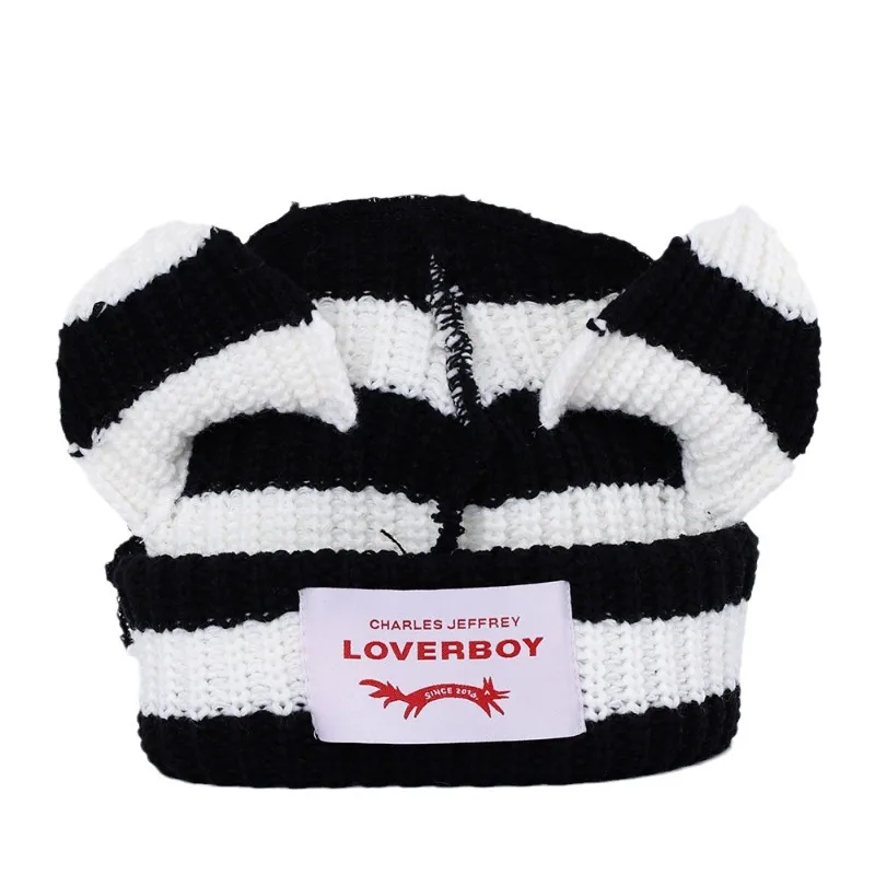 Couple Knitted Hat Pig Cat Ear Winter Hat Heavy Warm Fashion Hat Stripe Loverboy Cute Cartoon Fox Beanies Skullies for Men Women