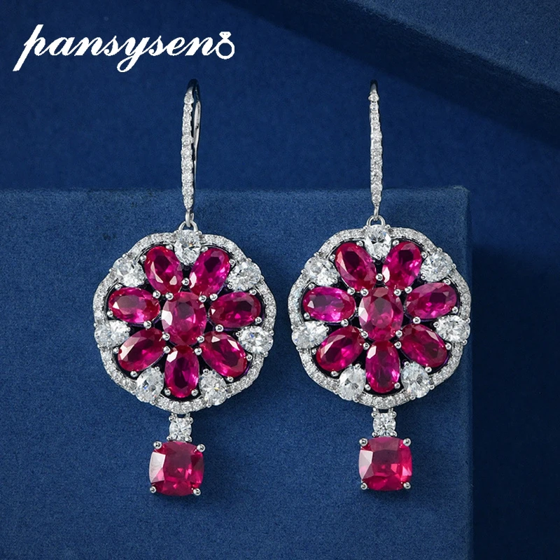 

PANSYSEN Vintage 925 Sterling Silver Flower Shape 1CT Ruby Gemstone Dangle Drop Earrings Wedding Party Fine Jewelry Wholesale