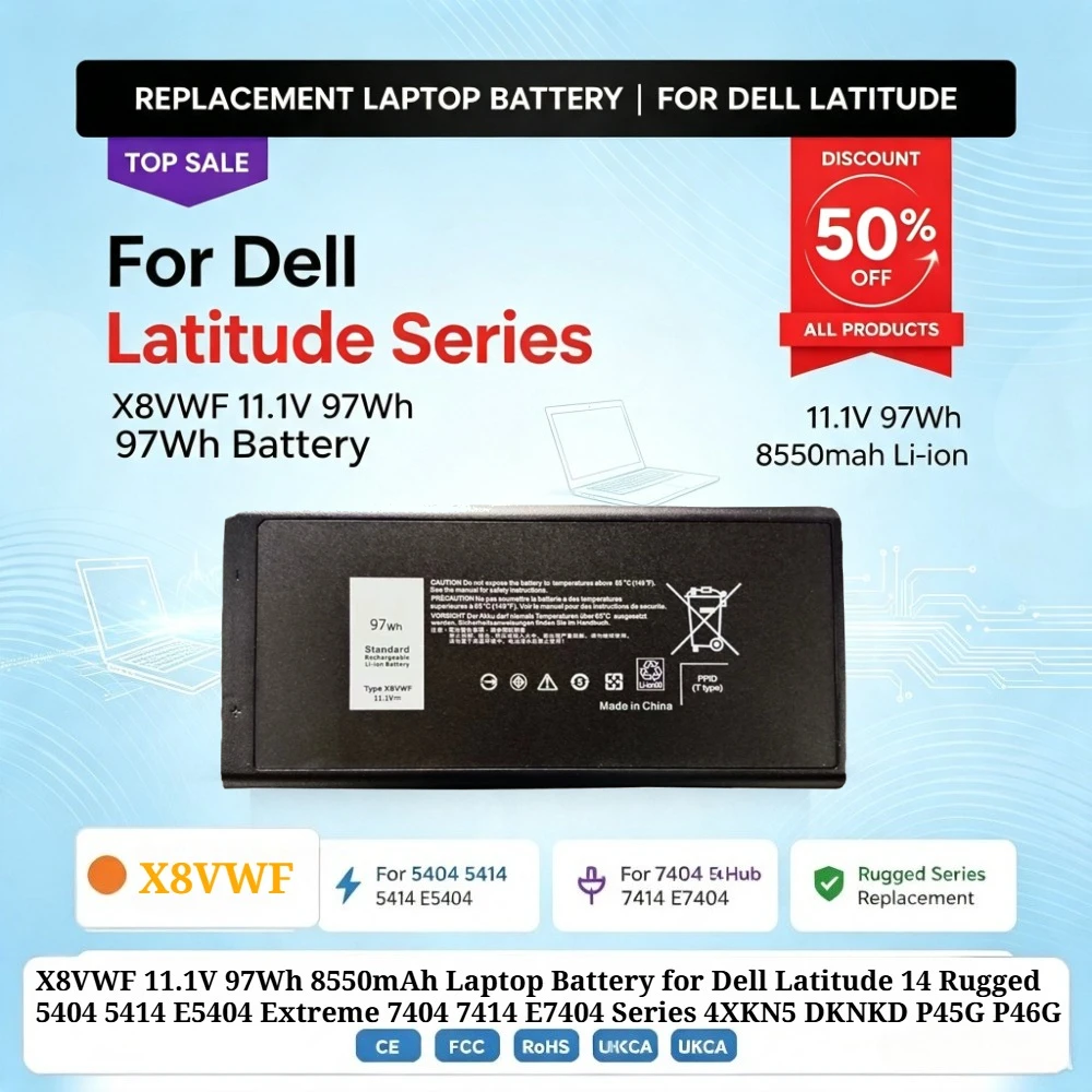 X8VWF 11.1V 97Wh 8550mAh Laptop Battery for Dell Latitude 14 Rugged 5404 5414 E5404 Extreme 7404 7414 E7404 Series 4XKN5 DKNKD