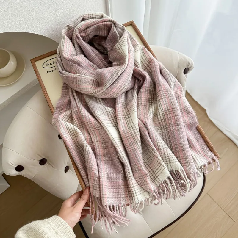 Korean Style Plaid Scarf For Women Winter Thick Warm Versatile Cute Student Neck Warmer New Arrival