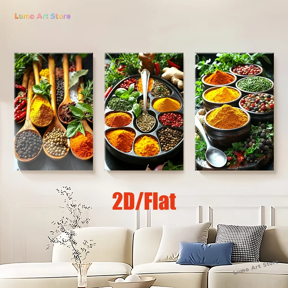 2D Flat, 2D Flat, 2D Flat Set of Three, Flat Frameless Canvas Artwork Featuring Vibrant Spices And Herbs, Ideal for Decoratin