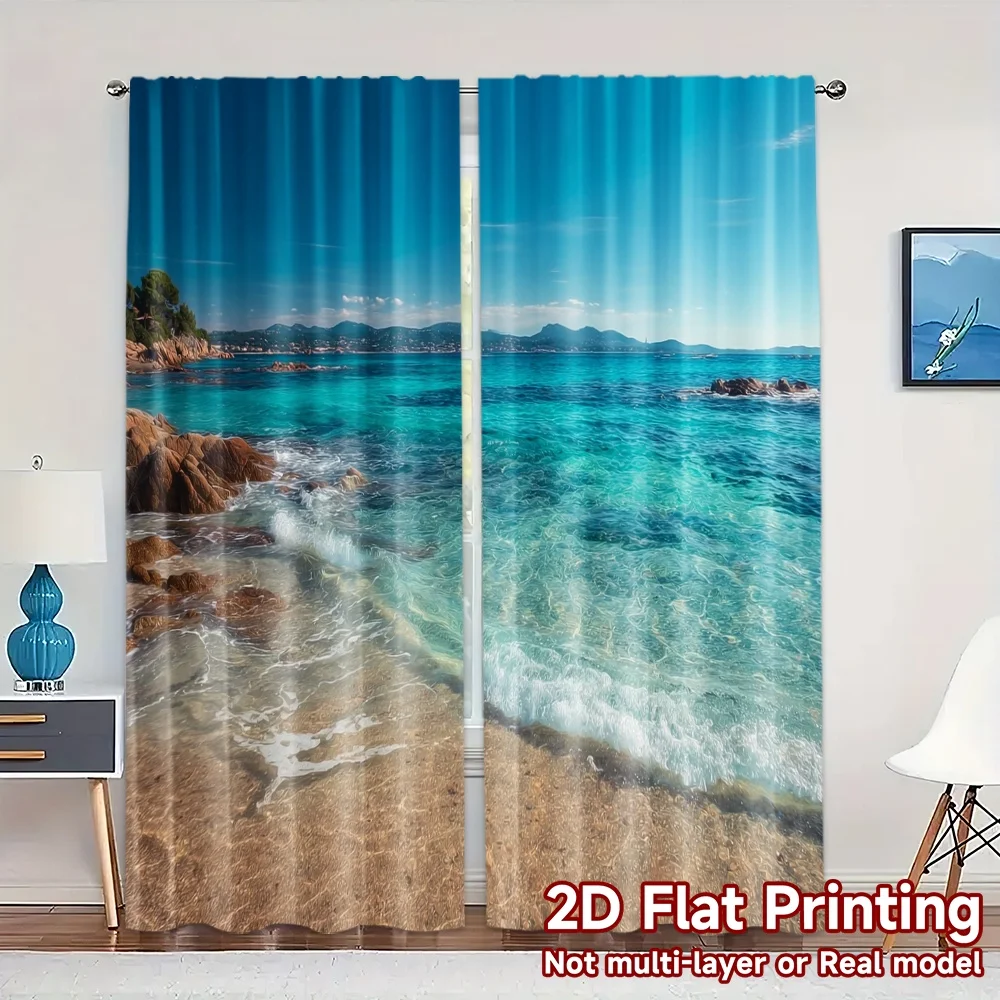 

2pcs, 2D FLAT PRINTING Curtains (Without Rod) AzureShoreline Chic Pattern Curtains Versatile Polyester Curtains Art Deco Festive