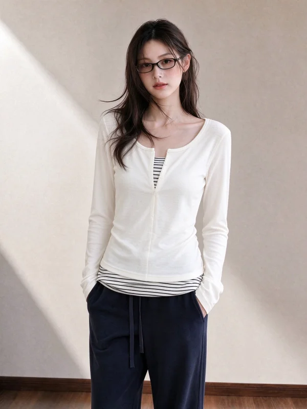 White Striped Slim Fit Long Sleeve T-Shirt Women's Autumn Casual Style Unique Design False Two-Piece Top Breathable Comfortable