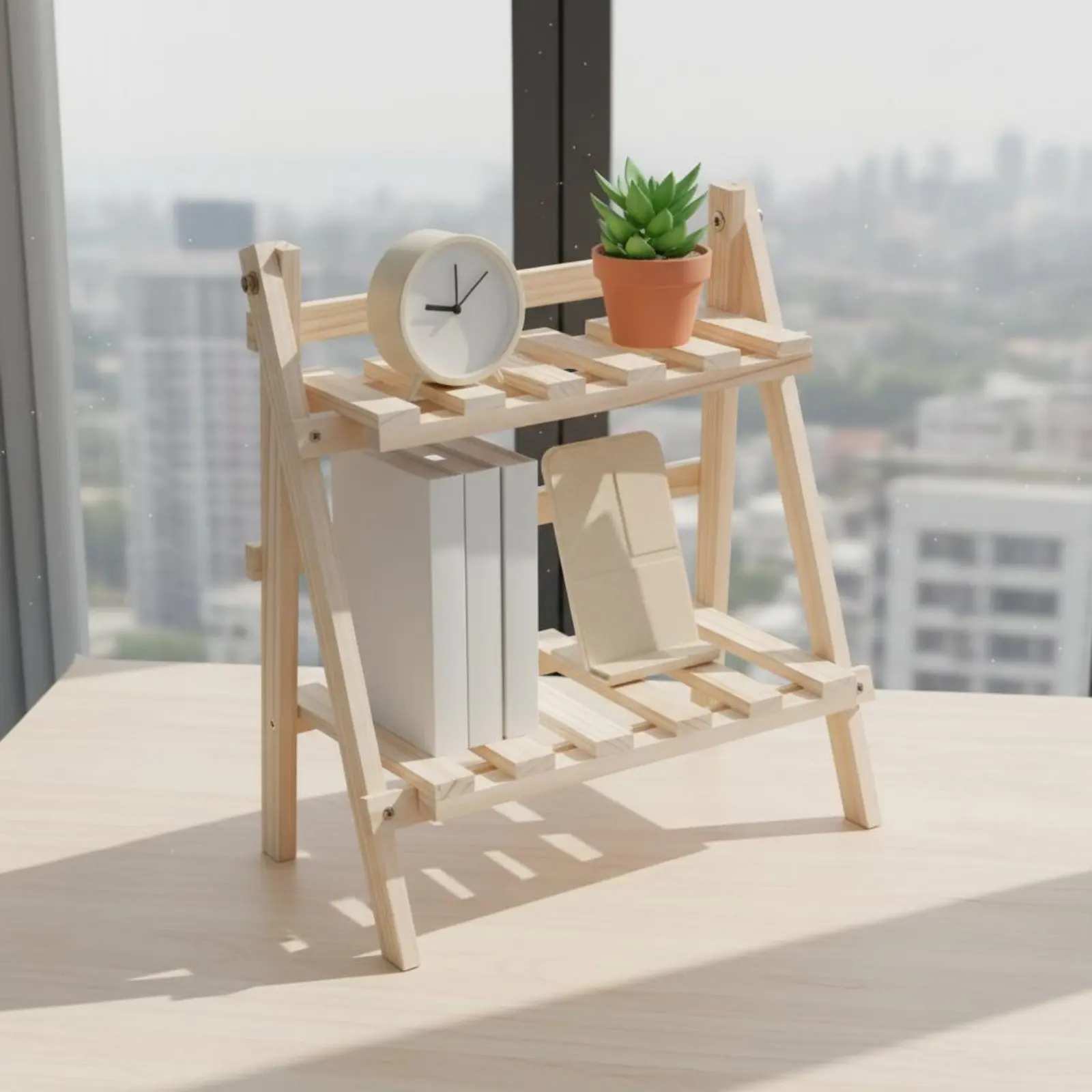 

2 Tier Wooden Desk Shelf Sturdy Wood 2 Tier Wooden Shelf Foldable Desktop Organizer Space Saving Step Design Display Stand
