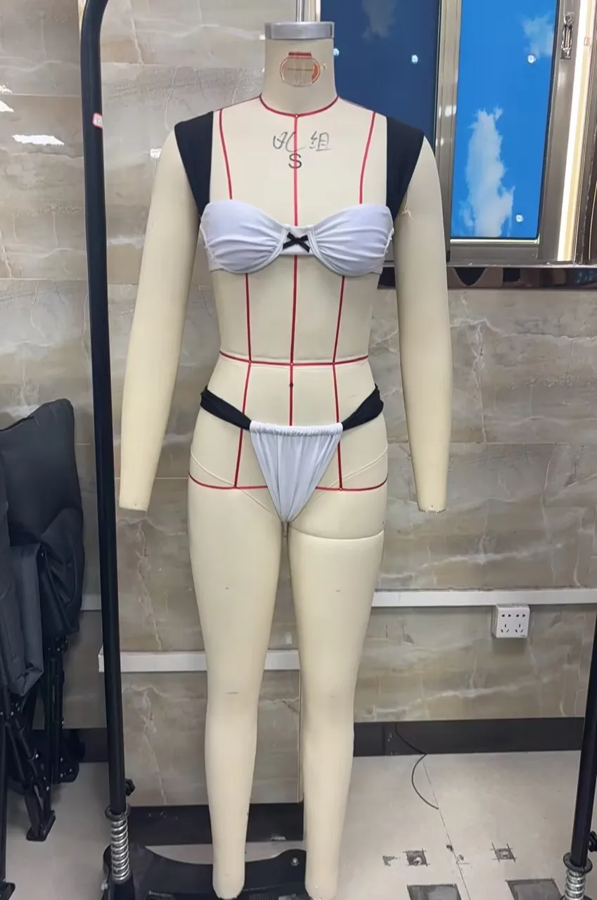 Women's Two Piece Outfits Beachwear White Bikini Set with Black Straps and Decorative Center Bow 2Pcs Swimwear for Poolside