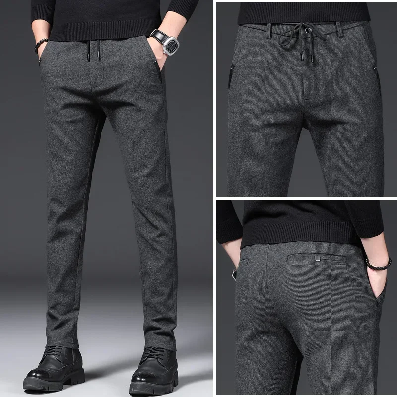 Brand Autumn Winter Brushed Fabric Casual Pants Men Thick Business Work Slim Cotton Black Grey Trousers Male Plus Size 38