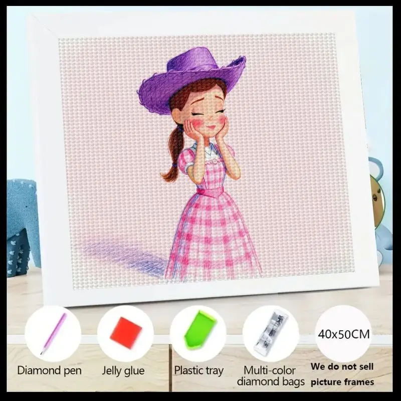 

1 шт. 5D DIY Набор для алмазной живописи, очаровательная мультяшная девушка в фиолетовой ковбойской шляпе и розовое клетчатое платье, полный дрель, стразы, драгоценный камень, искусство Se