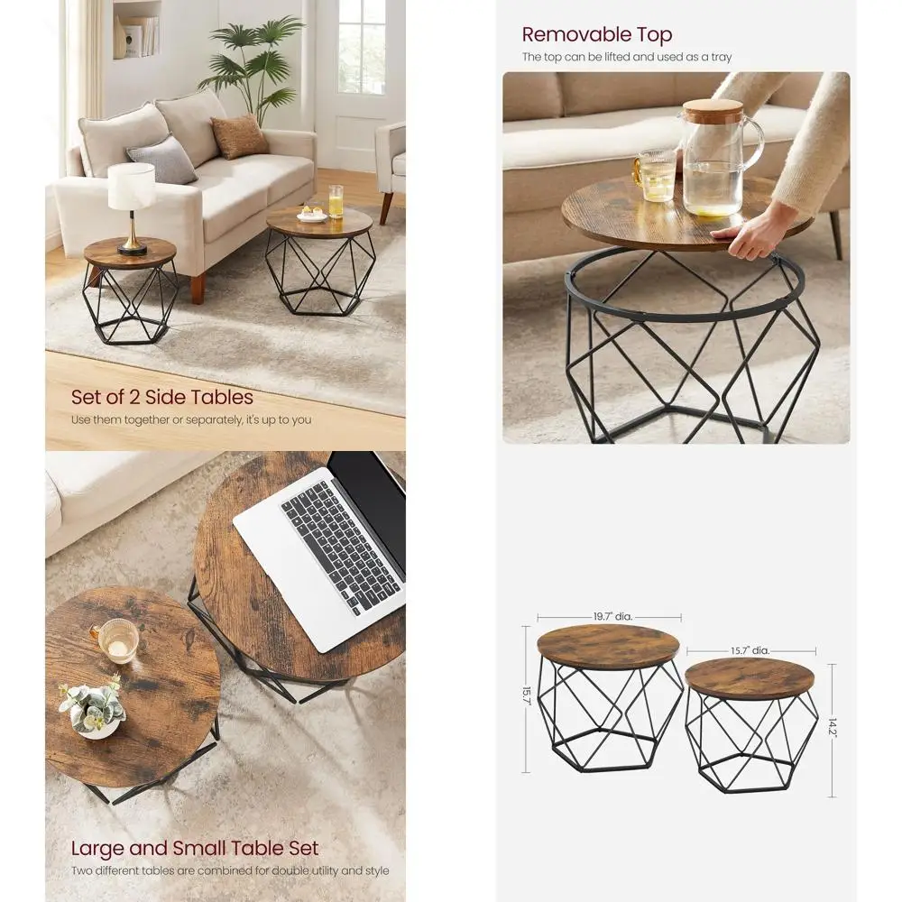 

Набор из 2-х круглых журнальных столиков в деревенском стиле, стальной каркас, идеально подходит для гостиной, спальни или офиса