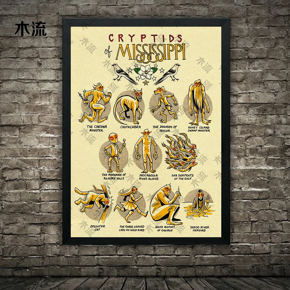 كريبتيدز ماين، ماريلاند وميشيغان، لوحة فنية جدارية عتيقة على القماش، رجل الماعز، قطة الشيطان، دوبور شيطان، طباعة ملصق فني قوطي