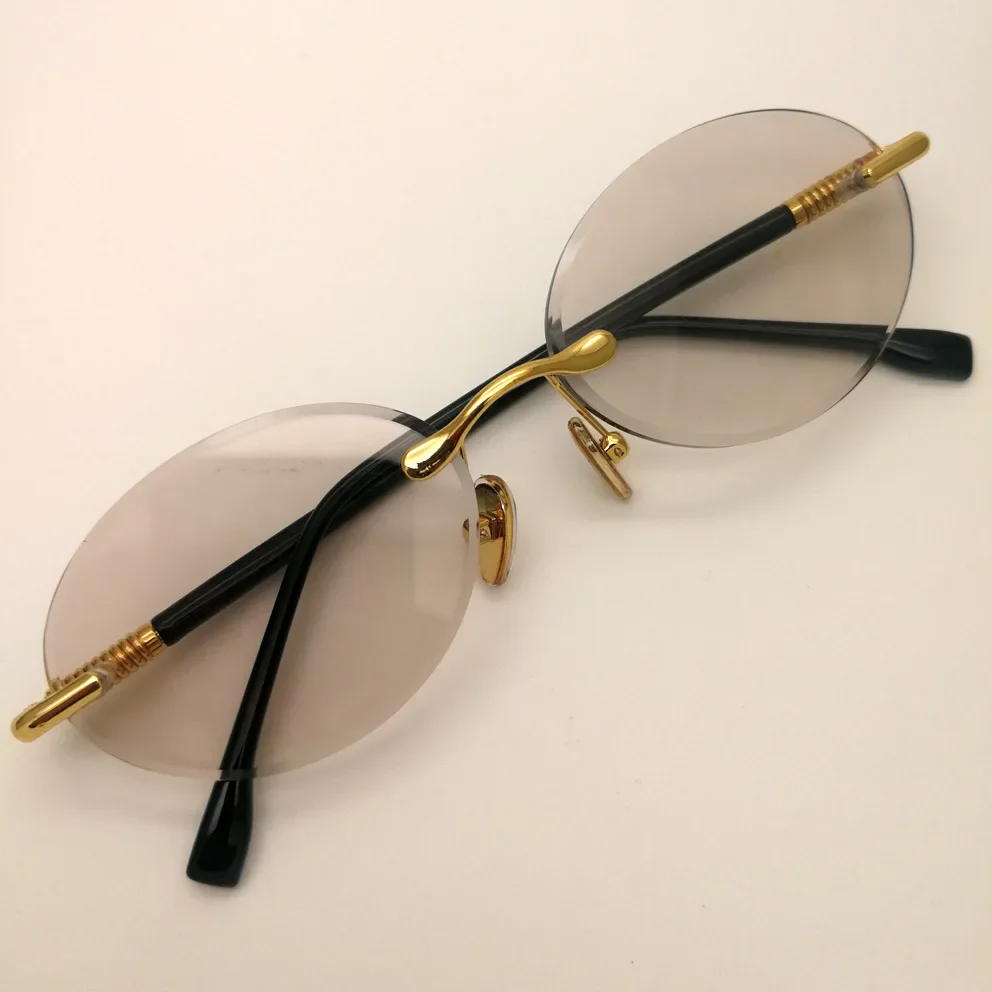 Luxury Rimless Glass Sunglasses Male Brown Crystal Stone Lens Glasses Small Oval Vintage Sun Glasses for Men Women Top Quality