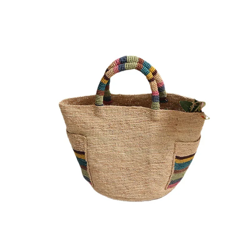 2026 New high-end raffia hand-woven straw bag, new colorful outer pocket grass woven bag, seaside vacation beach bag