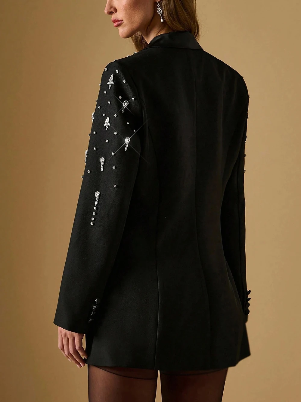 Customized Women Blazer Dress Diamond Beading Peaked Lapel Formal Lady Wear Guest Party Long Jacket One Piece