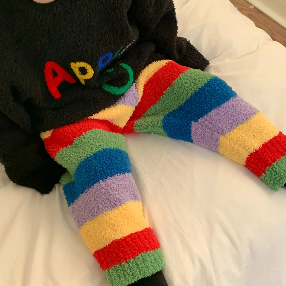 2024 Winter Children Girls 2PCS Clothes Set Cotton Warm Smiling Pullovers Rainbow Striped Trousers Kids Girls Loungewear Outfits