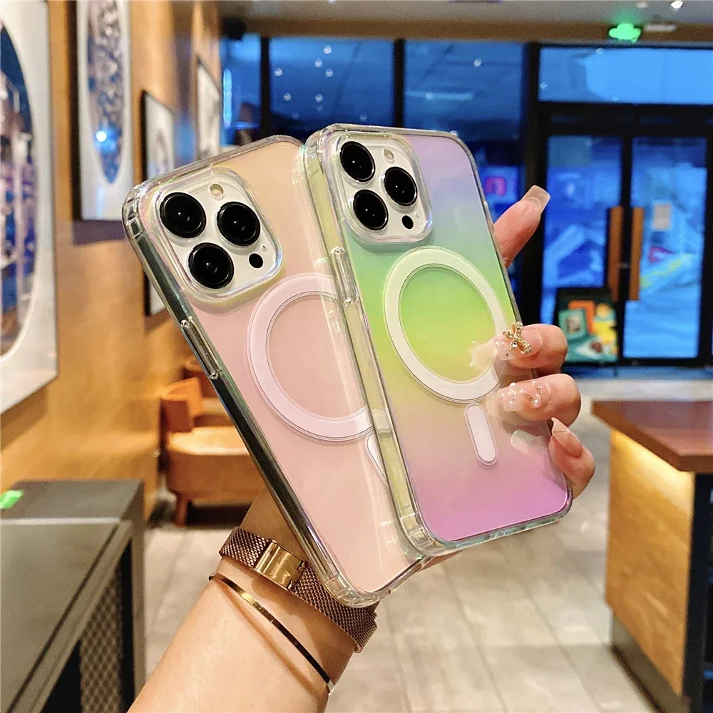 

Transparent Gradient Rainbow Laser Phone Case For iPhone 16 15 14 Pro Max 13 12 11 For Magsafe Magnetic Wireless Charging Cover